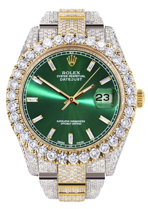 rolex gold iced out green face|fully iced out rolex.